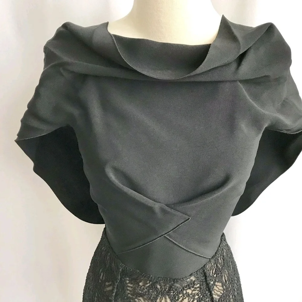 R'13 ICONIC ROLAND MOURET AVALON black/beige cotton blend/lace draped dress 4 - Picture 5 of 13
